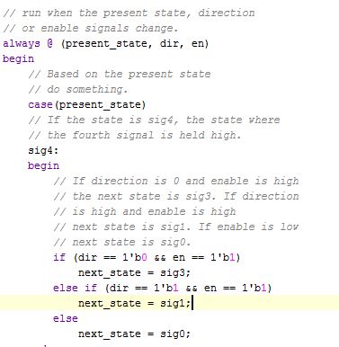 This is the first chunk of the state logic. It shows, if you are in state sig4, based on the input what the next state is. This encapsulates the arrows on the state diagram.