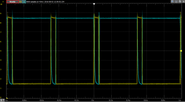 A simple BJT oscillator on the oscilloscope. The input (9V) never changes, so the output is solely dependent on the passage of time.