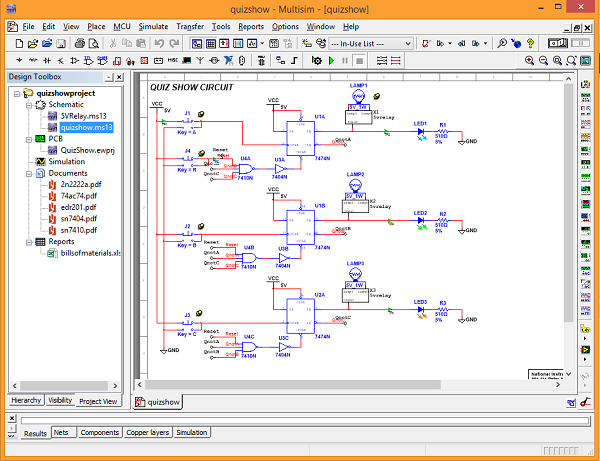 A sample schematic that comes with Multisim. Note all of the additional files in the Design Toolbox window that are part of the whole project.